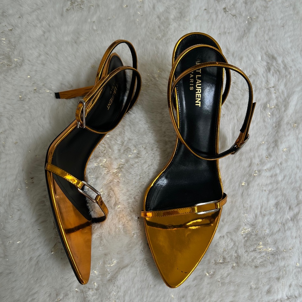 Saint Laurent Gold Orange Metallic Ankle-Strap Pointed Sandals